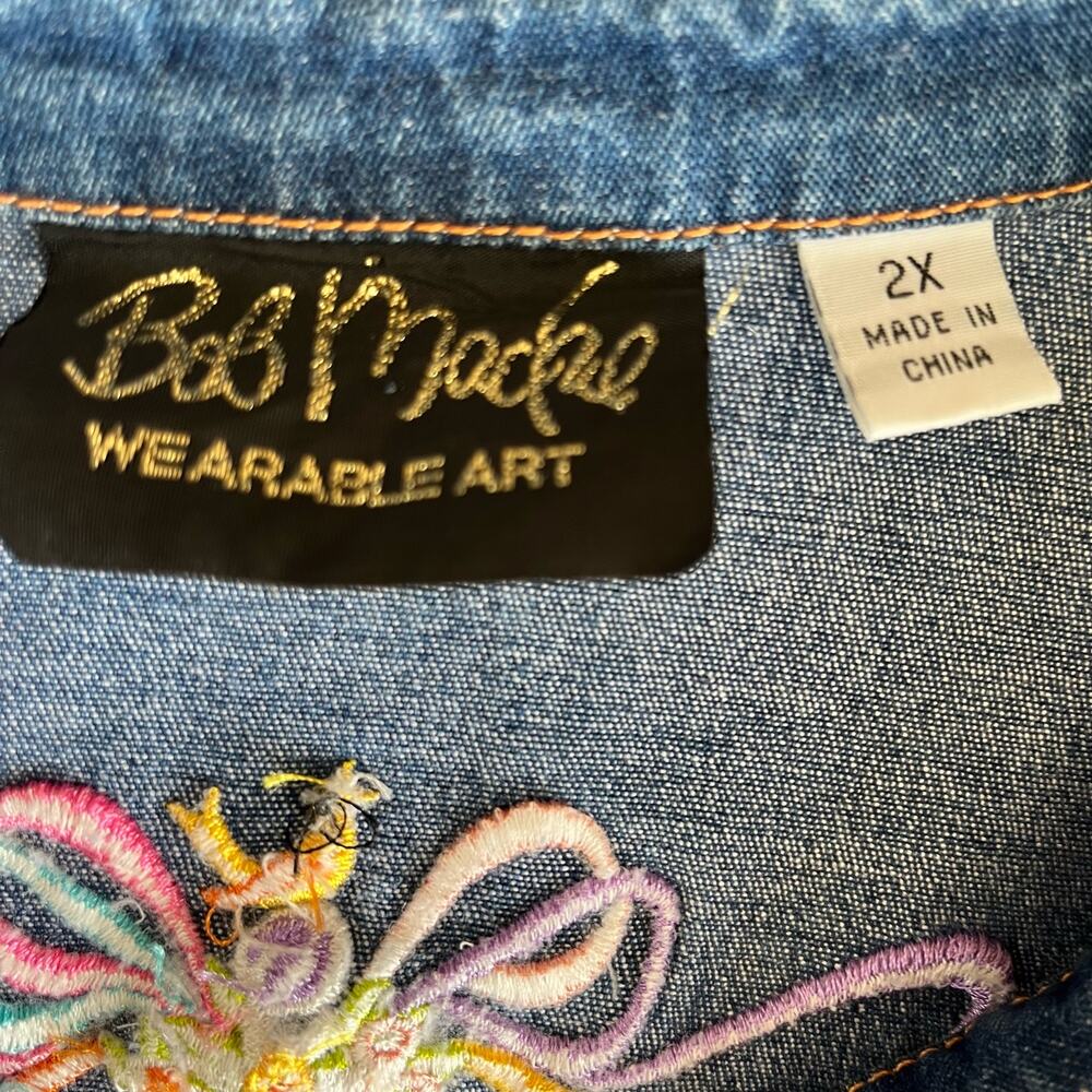 Bob Mackie Wearable Art Denim Shirt Womens 2X Plus Blue Maypole Embroidery Tunic - Picture 7 of 10